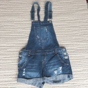 WallFlower Denim Overalls Shorts Women's Medium Distressed Bib Jean Romper Cuff